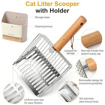 Cat Litter Scoop with Holder, Heavy Duty Stainless Steel Kitty Scooper | with Coarse and Fine Mesh, Includes Broom and Dustpan Set, Quick Sift and Easy Clean, Gray - color: Gray
