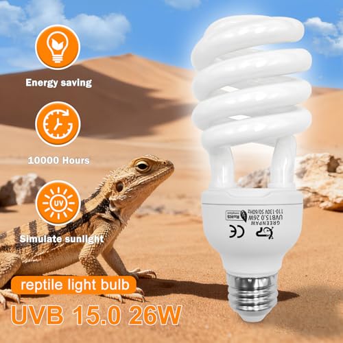 UVB Reptile Light, 15.0 26W UVA UVB Light for Reptiles, Spiral Compact Fluorescent UVB Bulb for Desert Reptiles and Amphibians - size: 6.5 in 15.0