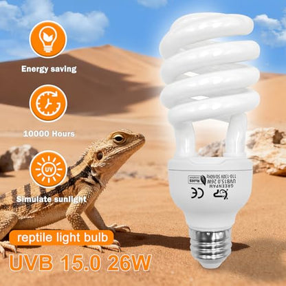 UVB Reptile Light, 15.0 26W UVA UVB Light for Reptiles, Spiral Compact Fluorescent UVB Bulb for Desert Reptiles and Amphibians - size: 6.5 in 15.0