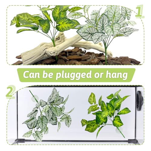 Hamiledyi Reptile Plants for Terrarium Hanging Fake Leaves with Suction Cup | 5 Pack Artificial Snake Foliage, Bearded Dragon Tank Greenery Reptile & Amphibian Habitat Plant for Chameleon Gecko (Style 3) - size: 5 PCS - Style 3