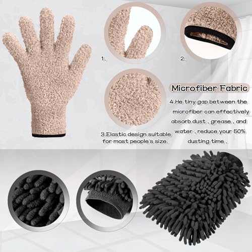 Potchen 6 Pcs Microfiber Dusting Mitt Gloves for Plants Washable Dusting Gloves for House Cleaning Furniture Car Washing - color: Blue,khaki,grey
