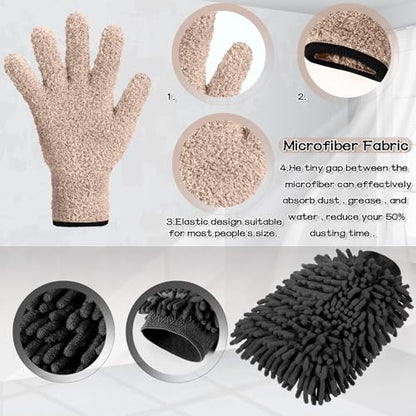 Potchen 6 Pcs Microfiber Dusting Mitt Gloves for Plants Washable Dusting Gloves for House Cleaning Furniture Car Washing - color: Blue,khaki,grey