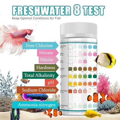 Aquarium Test Strips 8 In 1, 150ct Aquarium Ammonia Test Strips for Saltwater Freshwater Aquariums,Pond Fish Tanks, Aquarium Test Kit-Test pH, Alkalinity,Nitrate,Ammonia and More | Salt & Freshwater Pond Fish Tank Test for Free Chlorine, Nitrate, Nitrite,