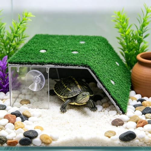 Turtle Basking Platform with Artificial Grass, Large Acrylic Turtle Dock and Ramp for Aquatic Turtles, Frogs, and Reptiles, Aquarium Terrace Accessory, Floating Turtle basking Platform