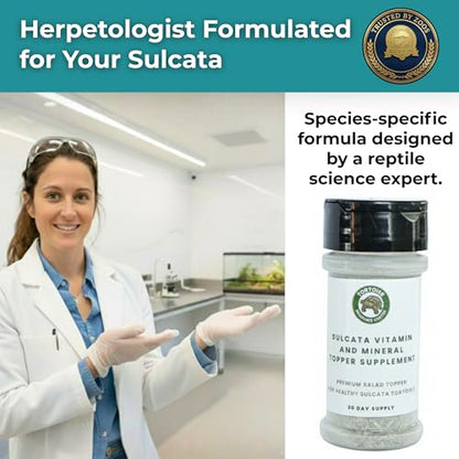 Sulcata Tortoise Calcium & Multivitamin Powder - Herpetologist Formulated Vitamin and Mineral Powder for Reptiles with High Fiber - 30 Day Supply in Shaker Bottle for Tortoise Lovers!