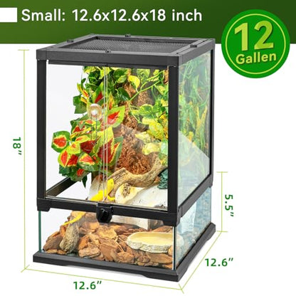 18x12x12'' Front-Opening Glass Reptile Tank for Gecko & Snake | Watertight base & metal mesh top; front-opening for easy feeding; pre-drilled cable holes. Fits tree frogs & chameleons. - size: 18'' x 12.6'' x 12.6''
