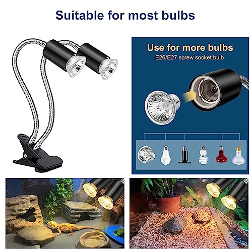 Reptile Heat Lamp, Double-Head Reptile Light Timer, UVA UVB Reptile Light with Clamp for Tortoise, Leopard Gecko, Bearded Dragon, Lizards and More, E26/27 Base with 3 Bulbs - style: Dual-Head-Lamp