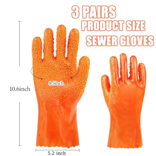 3 Pairs Sewer Gloves PVC Coated Non-Slip Oil & Chemical Resistant | 3 PAIRS INCLUDED: PVC coated sewer gloves for drain cleaning, plumbing maintenance, and everyday heavy-duty work - color: 3 Pairs Orange