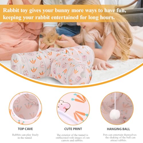 HERCOCCI Rabbit Toys, Bunny Tunnels & Tubes, Collapsible 3 Way Rabbit Hideout Tunnel with Chew Toys for Bunny Guinea Pig Ferret Kitten - color: White