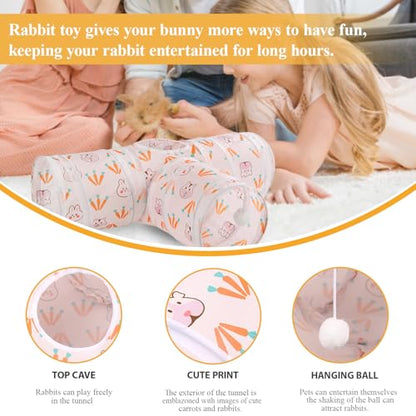 HERCOCCI Rabbit Toys, Bunny Tunnels & Tubes, Collapsible 3 Way Rabbit Hideout Tunnel with Chew Toys for Bunny Guinea Pig Ferret Kitten - color: White