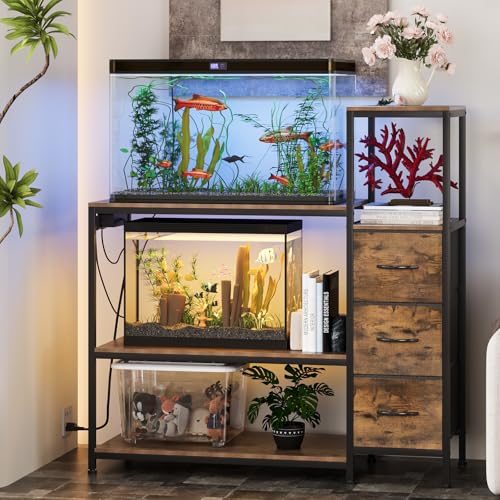 20 Gallon Aquarium Stand with Drawers & Power Outlet, Brown | Fits 20 Gallon Tanks; Reptile Tank Stand; 3-Tier Storage Shelves; Adjustable Height; Heavy-Duty Metal Frame - color: Brown