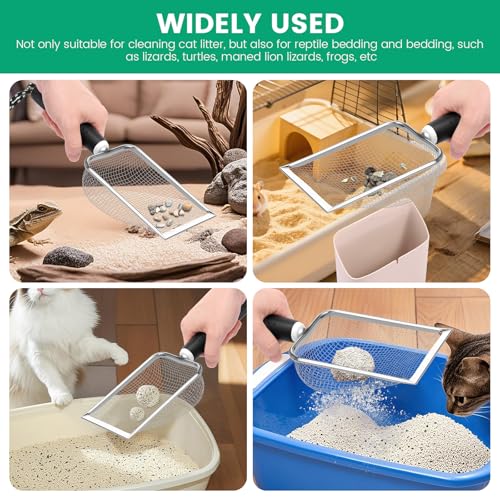 Metal Cat Litter Scoop, Sturdy Litter Cleaner Corner Shovel with Small Broom & Dustpan, Speed Sifter Litter Box Scooper Captures All Clumps, Easy to Clean Reptile Terrarium Sand Waste (# A)