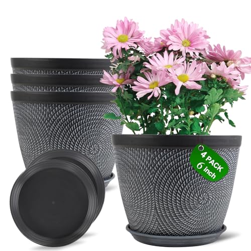 Quarut 4 Pack 6 Inch Flower Pots Planters for Outdoor Indoor, Plastic Plant Pots with Drainage Hole & Tray, Modern Decorative Garden Pot with Saucer, planters for House (Gray) - color: Gray, size: 6 Inch