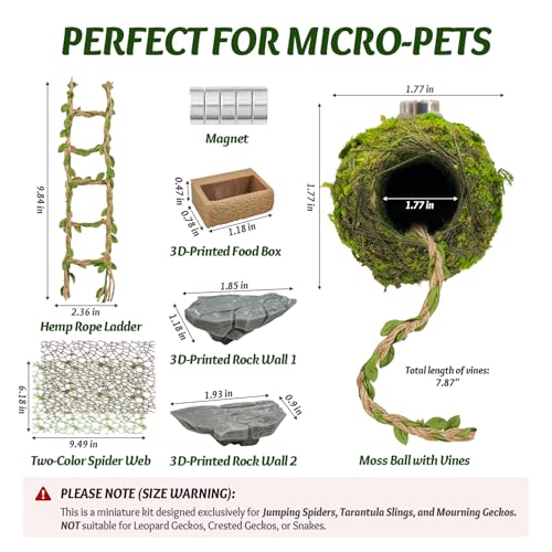 Jumping Spider Enclosure Accessories Kit - Magnetic Moss Ball Hideout, 2 Rock Ledges, Feeding Bowl, Climbing Mesh Nets & Rope Ladder - Natural Forest Habitat Decor for Regal (Moss Cave with Rope) - size: Moss Cave with Rope