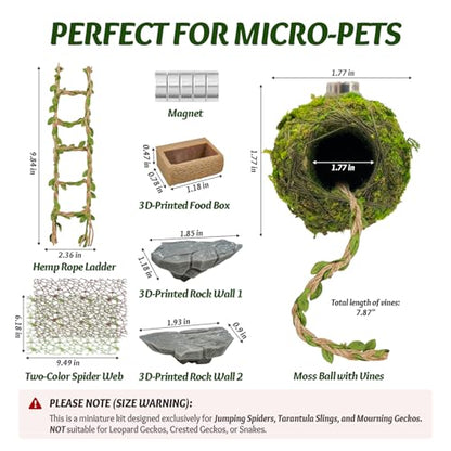 Jumping Spider Enclosure Accessories Kit - Magnetic Moss Ball Hideout, 2 Rock Ledges, Feeding Bowl, Climbing Mesh Nets & Rope Ladder - Natural Forest Habitat Decor for Regal (Moss Cave with Rope) - size: Moss Cave with Rope