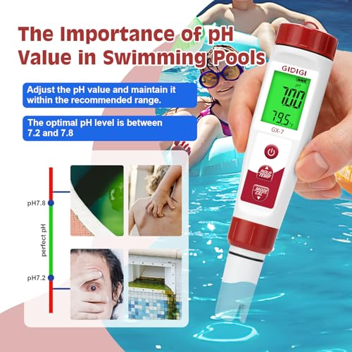 pH Meter Chlorine Tester Digital 7 in 1 Pool Water Tester Kit | Salinity Tester for Saltwater Aquarium, ORP Meter for Hydroponics Drinking Water, Pool Water Tester,pH Chlorine for Pool Spa