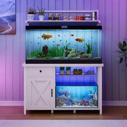 55-75 Gallon Fish Tank Stand with Storage, Aquarium Stand with Shelf, White | 49.2 x 19.7 In Top, Upper Shelf, LED Light, 2 Outlets, 2 USB Ports, Metal Frame Support, Turtle Tank Stand, 1100 LBS - color: White