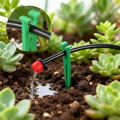 RedChili 100 Pack Irrigation Support Stakes for 1/4 Inch Drip Tubing, Heavy Duty Drip Tubing Hold Down Stakes 1/4" Drip Irrigation Tubing Fittings for Lawn Raised Bed Greenhouse Plant Watering System - size: 1/4" Stake-100P