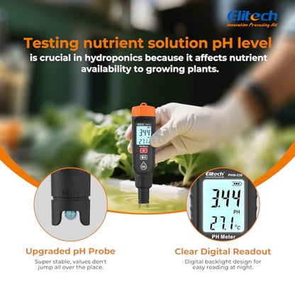 Elitech PHM-230 Professional Digital pH Pen Meter for Water and Solutions | pH Temperature Tester with ATC, Full Calibration Kit, 0.00-14.00 Range for Hydroponics, Growing, Drinking Water, Plants