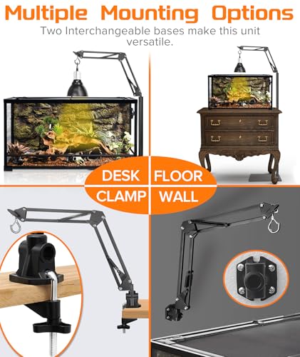 4 IN 1 Metal Reptile Lamp Stand with Swing Arm for Terrarium - Floor Light Stand for Reptile Tank - Adjustable Height & Width & Angle Heat Lamp Holder - Heating Light Bracket & Hanger (Max Height 72")