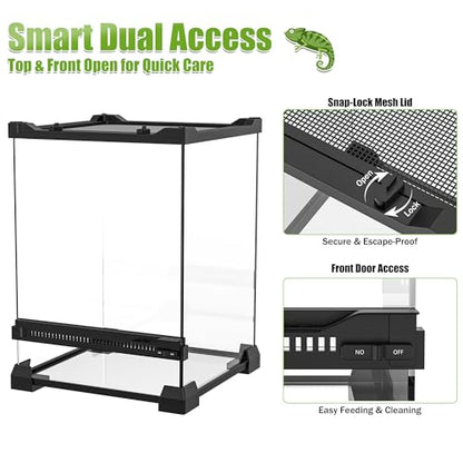 Vertical Glass Reptile Enclosure Terrarium, 10" x 10" x 14" | 6 Gallon Fully Assembly & Front Opening Habitat Tank for Crested Geckos, Tree Frogs & Small Arboreal Reptiles - size: 10" x 10" x 14"