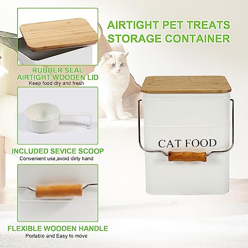 Cat Food storage container Cat Treats Jar,5~6 lb Metal food treats tin for Cat, pet snacks Canisters with wooden lid/handle/sevice scoop-White - color: Cat-White