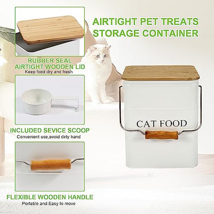 Cat Food storage container Cat Treats Jar,5~6 lb Metal food treats tin for Cat, pet snacks Canisters with wooden lid/handle/sevice scoop-White - color: Cat-White