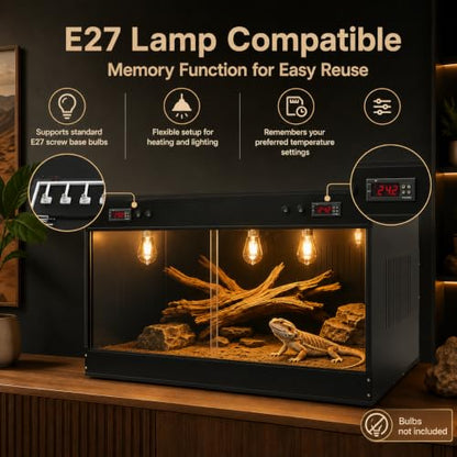 Reptile Tank Terrarium 39.4 x 19.7 x 19.7 in, Dual Digital Temperature Control PVC Reptile Enclosure with Semi-Clear Front Window & E27 Lamp Holders for Geckos, Snakes, Turtles, Bearded Dragons, Black