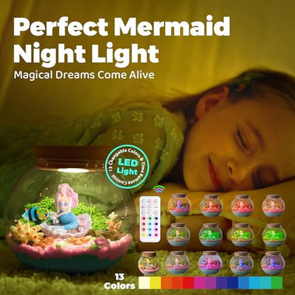 JOYEEMAX Mermaid Light-Up Terrarium Kit for Kids - LED Night Light Birthday Gift for Girls Ages 4 5 6 7 8-12 Year Old - Mermaid Toys for Girls - DIY Arts and Crafts Kit for Kids - style: Mermaid