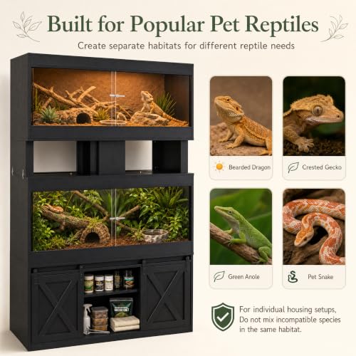 Dual 120 Gallon Reptile Tank with Stand, Albizia Solid Wood-Core Double 4x2x2 Reptile Enclosure, Bearded Dragon Tank, XXL Stackable Reptile Terrarium Stand for Snakes, Lizards (Black)