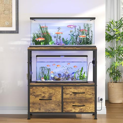 Heybly 20-29Gal Fish Tank Stand with Drawer, Power Outlet,330lbs HAS001SR-1 | Aquarium Stand,Heavy Duty Metal Frame for Fish Tank, Turtle & Reptile Terrarium, 31.5" x 15.7" Top, Rustic Brown - color: Rustic Brown, size: 20-29 gal