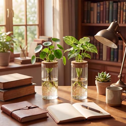 6 Set Propagation Station Jar Desktop Glass Planter Station Flower Vases Water Terrarium Jar with Cork Lid for Propagating Flower Plants Centerpiece Office Home Garden Decor(Medium) - size: Medium
