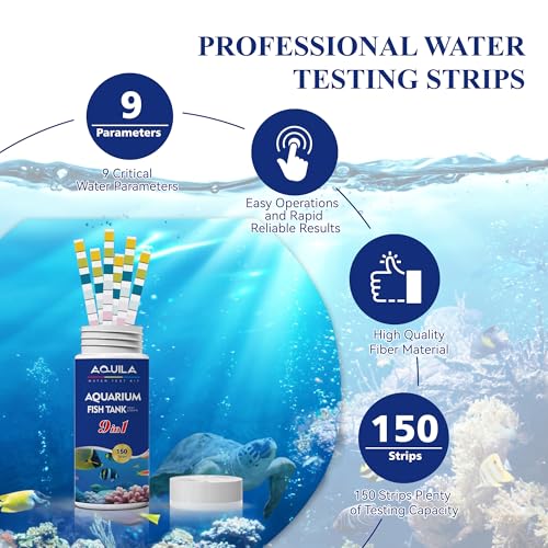 Aquarium Water Test Kit 9-in-1, Aquarium Ammonia Test Strips for Fish Tanks | Fish Ponds, 150CT Fresh and Salt Water Test Strips for pH Total Alkalinity Hardness Chlorine Nitrite Sulfate Copper Iron