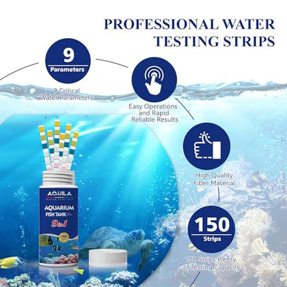 Aquarium Water Test Kit 9-in-1, Aquarium Ammonia Test Strips for Fish Tanks | Fish Ponds, 150CT Fresh and Salt Water Test Strips for pH Total Alkalinity Hardness Chlorine Nitrite Sulfate Copper Iron