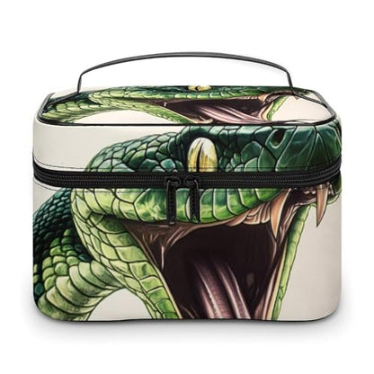 Green Snake Makeup Bag Cosmetic Case Organizer Box | portable handle,divider for skincare and brushes,large capacity,PU leather