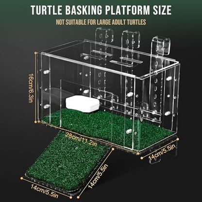 Gerrii Adjustable Turtle Basking Platform with Non-Slip Artificial Grass Ramp, 11.2 x 6.3 x 5.5 in Clear Acrylic Aquatic Turtle Topper Tank, Hanging Reptile Resting Dock with Feed Bowl for Aquarium