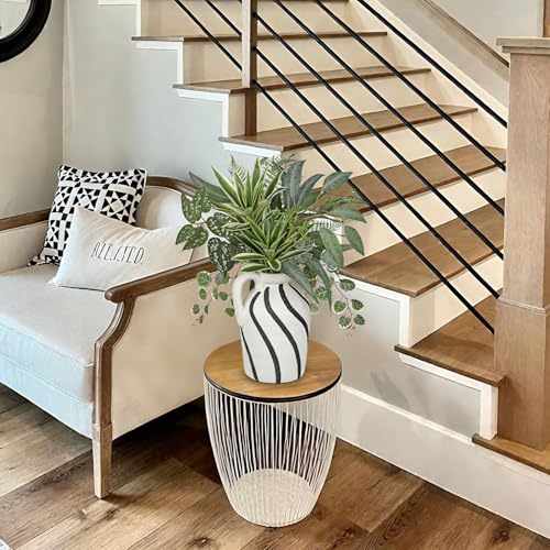 Artificial Greenery Arrangement with Cement Vase, Fake Potted Plants in Rustic Jug Planter, Faux Leaf Bouquet for Table Centerpiece, Farmhouse Home Decor, Dining Room, Living Room, Shelf Decoration