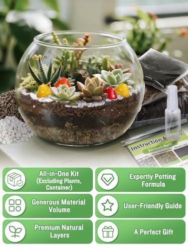 Terrarium Kit Adults - Includes Pumice, Moss, Soil, Pebbles, Charcoal, 2 Tools, Mushroom Ornaments for Succulent Cactus, Terrarium Accessories Decor Gifts for Starter Women