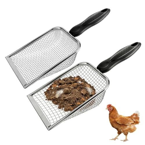 2 Pack Chicken Poop Scooper for Coop, Mesh Sifting Shovel 3.8mm 5mm Holes | 4" Metal Chicken Coop Rake and Scoop Cleaning Tool, Scooper Shovel for Sifting Sand, Litter, Chicken Supplies - size: 4" 2 Set