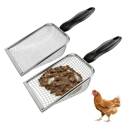 2 Pack Chicken Poop Scooper for Coop, Mesh Sifting Shovel 3.8mm 5mm Holes | 4" Metal Chicken Coop Rake and Scoop Cleaning Tool, Scooper Shovel for Sifting Sand, Litter, Chicken Supplies - size: 4" 2 Set