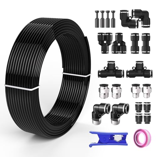1/2 OD Inch Air Line Hose Tubing Kit Poly Airline Black | Polyurethane Compressed Pneumatic Compressor Repair Kit With Push To Connect Fittings - color: Black, size: 1/2" OD