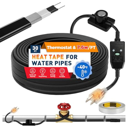 3~100FT Heat Tape for Water Pipes, UL & ETL Certified 30 FT Self-Regulating Pipe Heating Cable with Thermostat for Pipe Freeze Protection, Waterproof Heat Tape for Metal and Plastic Pipes,Black(1pcs) - color: Black, style: 30 FT