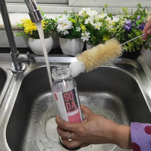 Bottle Brushes Thin Long Handle X 4, Natural Boar Bristle Set | Stainless Steel Bendable Wire Cleaner with Wool Tip, Slim Flexible for Cleaning Narrow Neck Bottles, Pipes, Tubes, Hoses