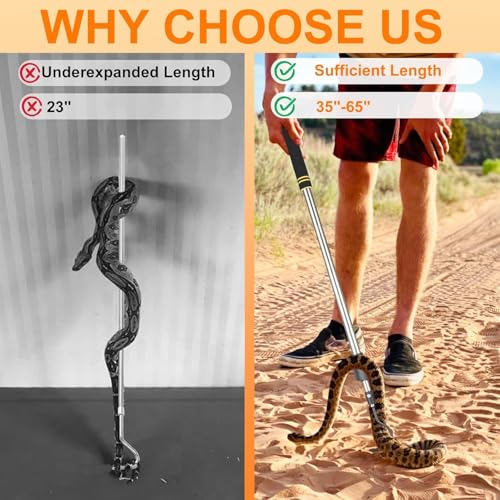 Snake Hooks, Stainless Steel Snake Hook Extendable Handled Desigh for Removling Large or Small Snakes and Reptiles Rattlesnakes Python Copperhead Stainless Steel Handle 35"-65" - size: 35-64inch