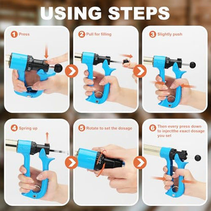 25ml Semi-Auto Repeating Livestock Syringe Gun, 5 Dose Settings | Ergonomic Grip, Clear Barrel & Luer Lock, Vet Injector for Cattle, Horses, Goats, Sheep & Pigs - color: Blue25ML