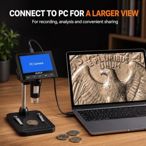 Elikliv Coin Microscope, 4.3'' LCD Digital Microscope 1000x, Coin Magnifier with 8 Adjustable LED Lights, PC View Compatible with Windows/Mac, EDM4B, Black - color: Black