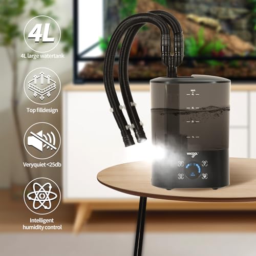 WACOOL Upgraded Digital Timing Reptile Fogger, 4L No Leak Reptile Humidifier with 2 Hose, Top Filling Automatic Terrarium Humidifier Fogger for Reptile Use - size: Double Hose