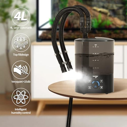 WACOOL Upgraded Digital Timing Reptile Fogger, 4L No Leak Reptile Humidifier with 2 Hose, Top Filling Automatic Terrarium Humidifier Fogger for Reptile Use - size: Double Hose