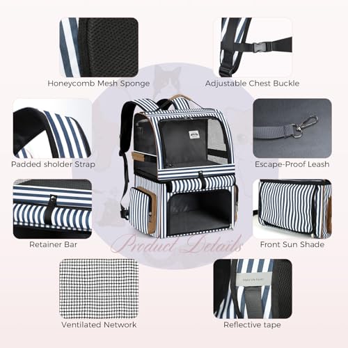 Double Cat Backpack Carrier for 2 Cats, Double-Compartment Pet Carrier Backpack for 2 Small Cat or One Medium Cat, Cats Carrier Backpack Dog Carrier Backpack Fits Up to 24 Lbs,Blue Striped - color: Striped