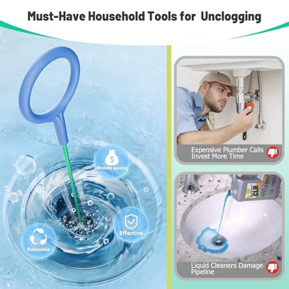 Reusable Drain Snake Hair Clog Remover, 30 inch Drain Cleaner Tool (5 Pack) | Anti-Break Metal Core & Nylon Layer, Flexible Shower Snake for Bathroom Sinks, Tubs and Shower Pipes